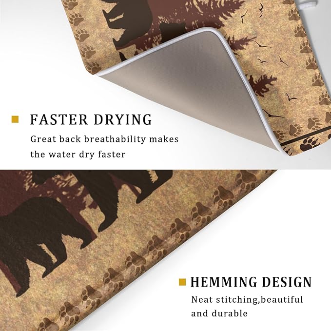 Giwawa 18"x24" Brown Bear Dish Drying Mat Rustic Forest Wildlife Woodland Dish Drainer Mats for Kitchen Countertop Farmhouse Animal Paw Print Fast Dry Microfiber Dish Drying Pad Decoration