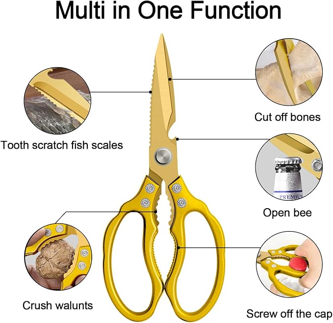CGBE Kitchen Scissors, Multi-Purpose Kitchen Shears, Heavy Duty Dishwasher Safe Food Scissors for Chicken, Poultry, Fish, Meat & Herbs with Non-Slip Grips - ALL Gold - Image 2
