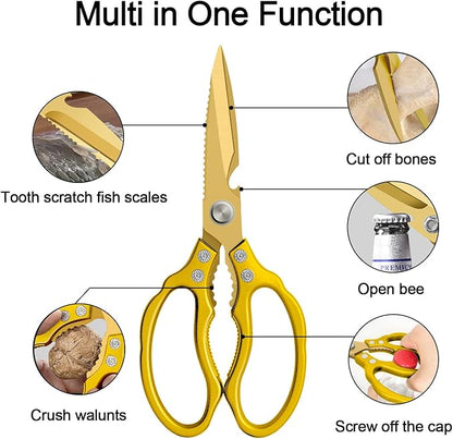 CGBE Kitchen Scissors, Multi-Purpose Kitchen Shears, Heavy Duty Dishwasher Safe Food Scissors for Chicken, Poultry, Fish, Meat & Herbs with Non-Slip Grips - ALL Gold - Image 2