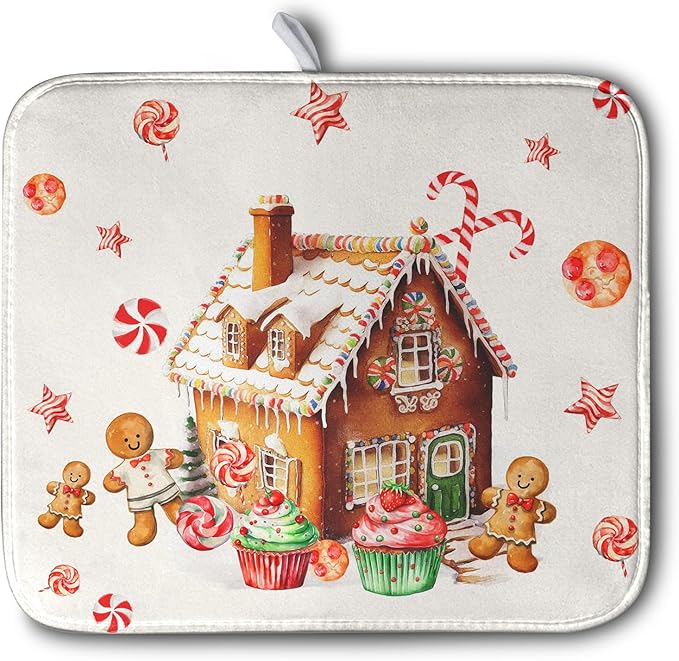 Christmas Dish Drying Mat for Kitchen Counter 16x18 Gingerbread House Man Candy Canes Cookie Cake Drying Mat for Dishes Xmas Winter Holiday Microfiber Drying Pad Dish Drying Pad for Coffee Bar Sink by Kwlegh