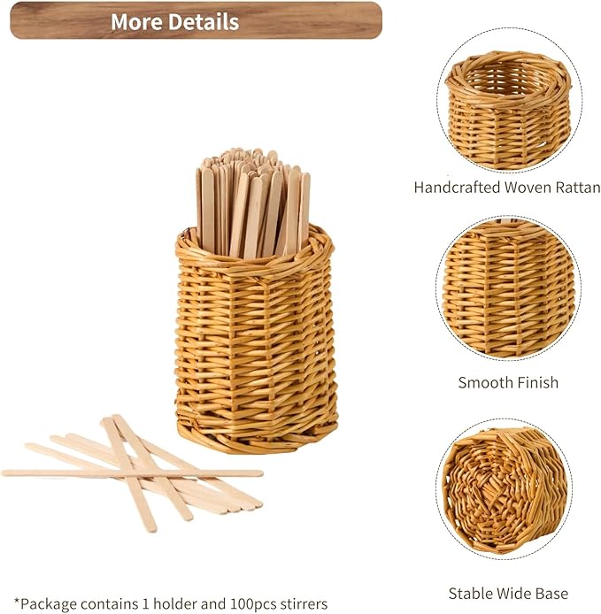 Wood Rattan Coffee Stirrer Holder Set with 100 Disposable Stir Sticks, Wooden Bar Accessories for Milk Cocktail Tea Drinks Straws, Organizer for Station Countertop - Image 3
