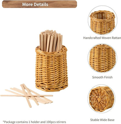 Wood Rattan Coffee Stirrer Holder Set with 100 Disposable Stir Sticks, Wooden Bar Accessories for Milk Cocktail Tea Drinks Straws, Organizer for Station Countertop - Image 3