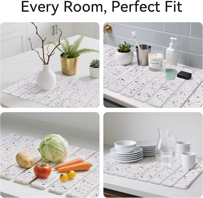 Stone Drying Mat for Kitchen Counter, 24 x 16 inches, Fast Drying Collapsible Dish Drying Mat, Eco-Friendly Absorbent Diatomaceous Earth Mats for Dishes Bottles Cups (Terrazzo) - Image 3