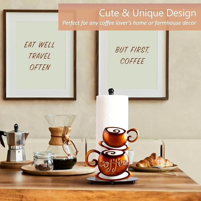 Standing Paper Towel Roll Holder Countertop for Coffee Lovers Women Men, Farmhouse Kitchen Decor and Accessories, Coffee Table Decor for Kitchen Home, 3D Hand-Painting Pattern, Metal - Image 5