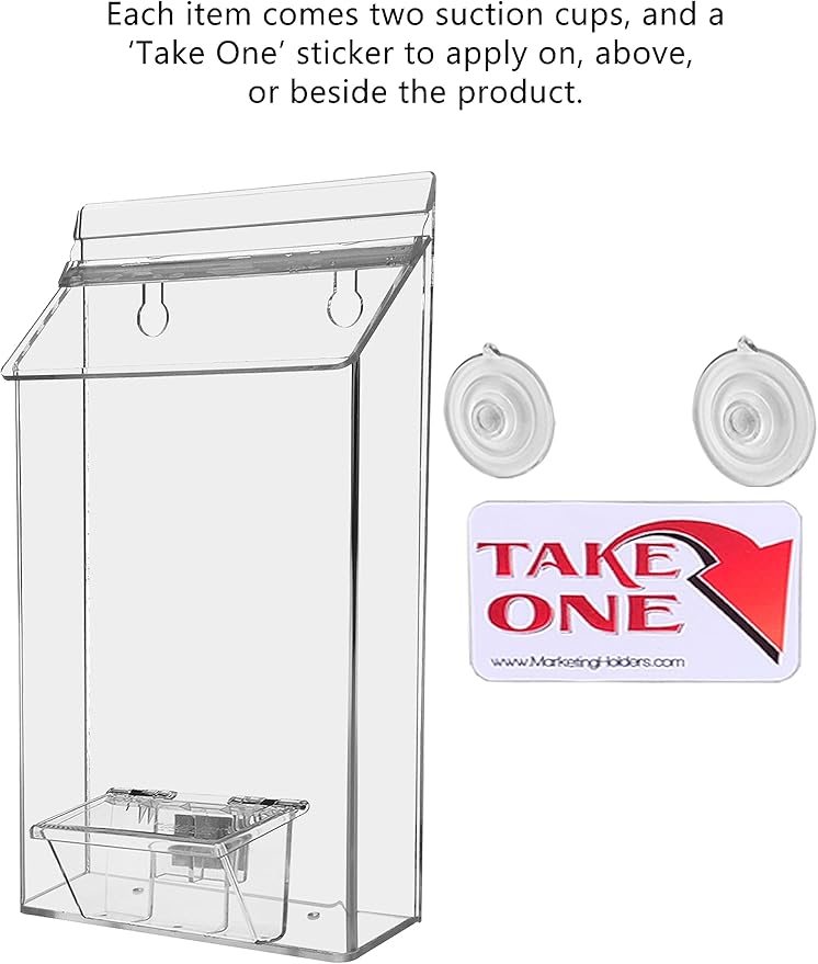 Marketing Holders Suction Cup Outdoor Brochure Holder Holds 6 x 10 Inch Pamphlets and 3.5" x 2" Business Cards Window or Glass Wall Includes Take One Sticker Clear Acrylic Advertisement Box