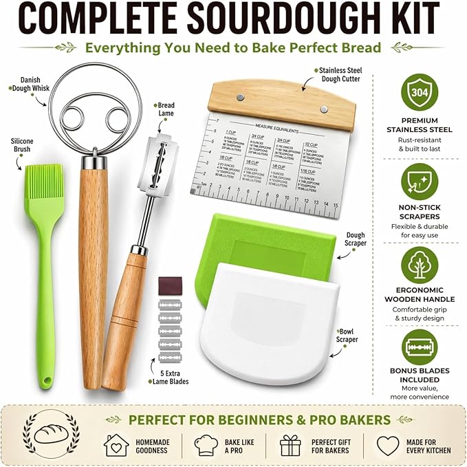 BOORIKA Sourdough Bread Baking Tool Set with Danish Dough Whisk, Bread Lame & Blades, Bench Scraper, Dough Scrapers and Silicone Brush – Sourdough Starter Kit - Image 2