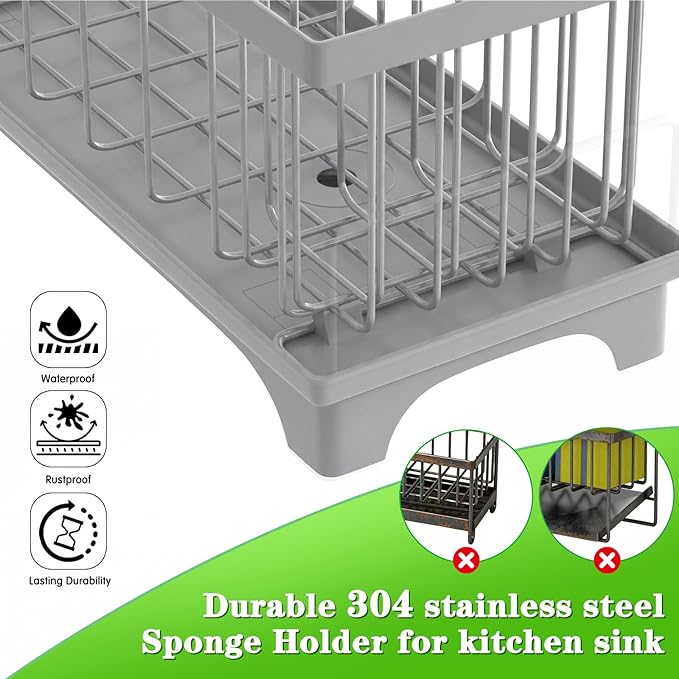 VOOWO Sponge Holder for Kitchen Sink, Compact Sink Caddy with Detachable Brush Holder and Towel Rack, Stainless Steel Kitchen Sink Organizer for Dish Sponge, Soap Dispenser Storage Accessories (Gray)