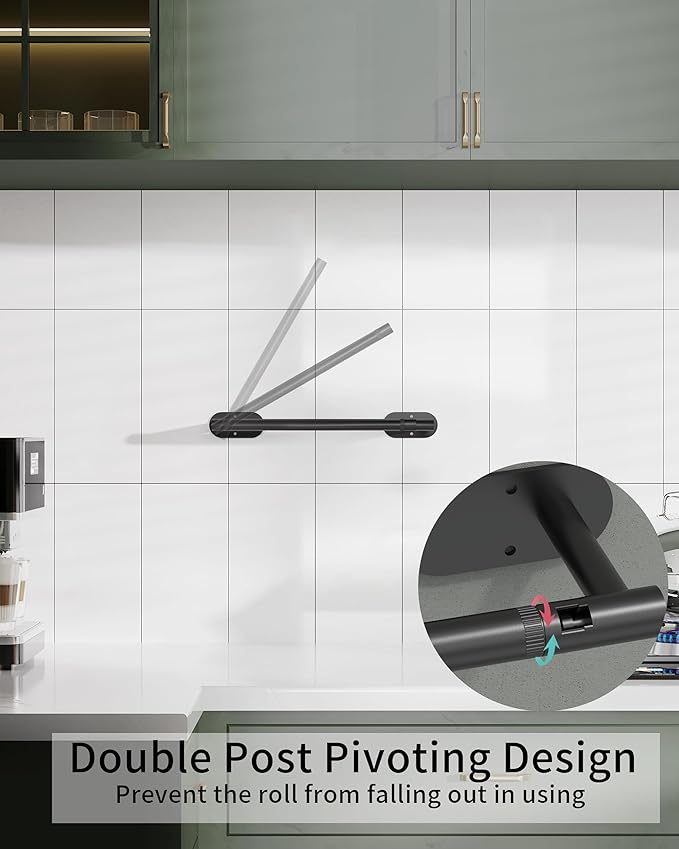 Paper Towel Holder Under Cabinet, Self Adhesive or Wall Mounted SUS304 Stainless Steel Paper Towel Holder for Kitchen, Bathroom(2 Towel Hooks, Matte Black) - Image 2