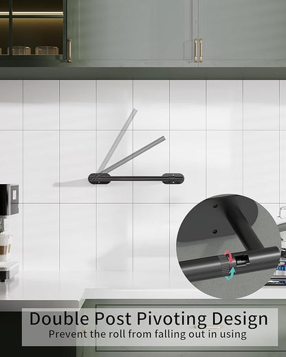 Paper Towel Holder Under Cabinet, Self Adhesive or Wall Mounted SUS304 Stainless Steel Paper Towel Holder for Kitchen, Bathroom(2 Towel Hooks, Matte Black) - Image 2