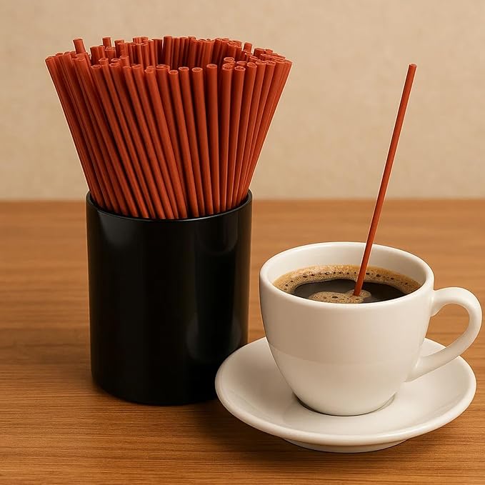 250 Pcs Brown Coffee Stirrers Set with Plastic Holder – Coffee Stir Sticks, Cocktail Straws for Coffee Bar, Home, Kitchen & Party Supplies