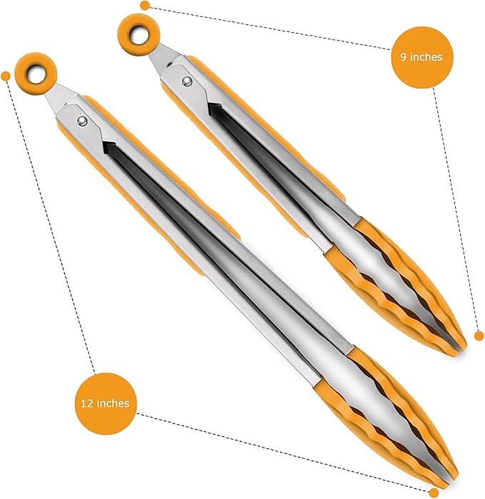 2 Pack Silicone Kitchen Tongs – 9" & 12" Set, Heat Resistant up to 500°F, Non‑Stick Cookware Safe, Wavy Silicone Tips, BPA Free, Locking Clip & Hanging Loop, Orange - Image 4