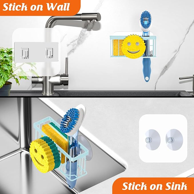 MURLONG Sponge Holder Smiley Face,Sink Caddy for Kitchen Sink,Sponge Holder with 2 PCS Suction Cups/1 PCS Adhesive Strips,Designed for Sponge,Soap,Dish Brush,Scrubber-Blue - Image 7