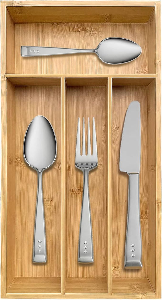 guiogc Bamboo Silverware Organizer, Kitchen Drawer Organizer, Silverware Utensil Tray Holder for Flatware Cutlery Knives, Forks, Spoons (4-Slots) (Natural)