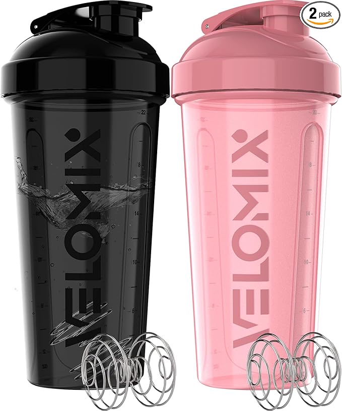 VELOMIX -2 Pack- 28 oz Protein Shaker Bottles for Protein Mixes - 2x Wire Whisk | Leak Proof Shaker Cups for Protein Shakes and Pre Workout | Protein Shaker Bottle Pack (A7) Pink/Black