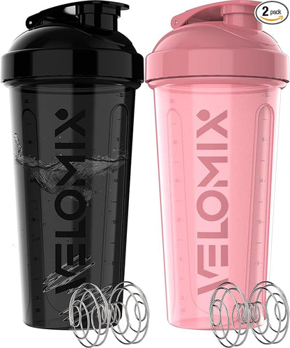 VELOMIX -2 Pack- 28 oz Protein Shaker Bottles for Protein Mixes - 2x Wire Whisk | Leak Proof Shaker Cups for Protein Shakes and Pre Workout | Protein Shaker Bottle Pack (A7) Pink/Black