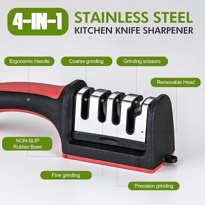 Professional 4-in-1 Knife Sharpener with Tungsten Steel & Ceramic Slots, Manual Sharpener for Chef Knives, Scissors & Straight Edge Blades - Home Kitchen Tool - Image 4