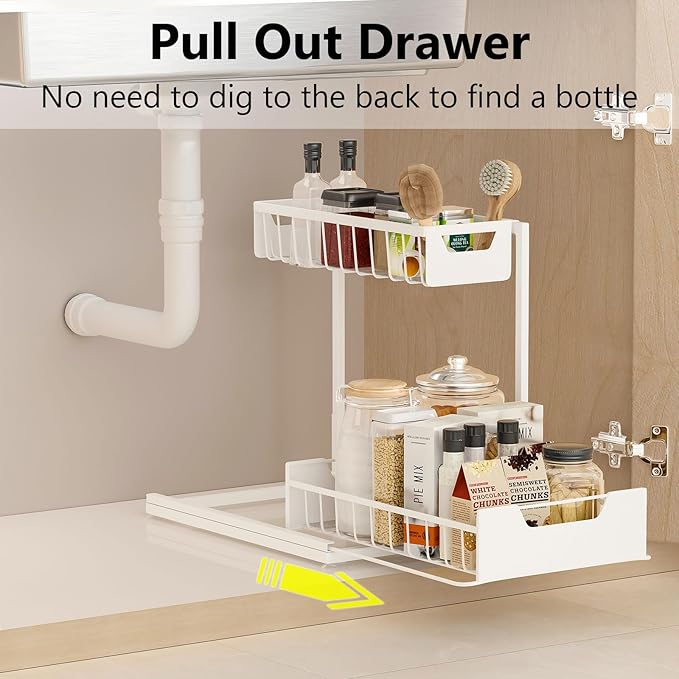 Ceetug Under Kitchen Sink Organizers and Storage Pull Out 2 Tier Metal Bathroom Cabinet Organizer (White, 1 Pack) - Image 3