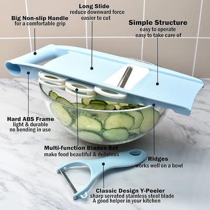 NACOLUS Handheld Mandoline Slicer for Kitchen, Vegetable Slicer Multi Blade Potato Chip, Veggie shredder, Vegetable Cutter, Julienne Shredder and peeler For Small Job In Kitchen Blue