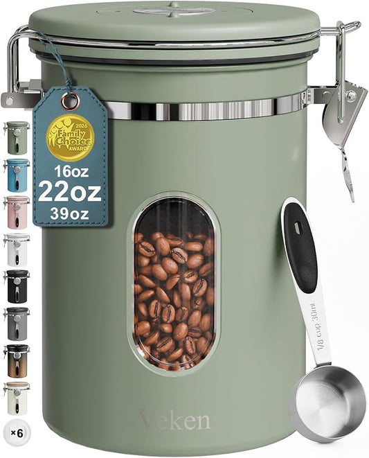Veken Coffee Canister with Window, Airtight Stainless Steel Kitchen Food Storage Container with Lids, Date Tracker and Scoop for Grounds Coffee, Beans, Tea, Flour, Cereal, Sugar Jars, 22OZ, Green by Veken