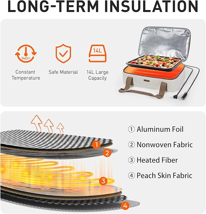 TOURIT Food Warmer Heated Casserole Carrier Electirc 12V 110V Portable Food Warmer Insulated Casserole Carrier for Fits 9" x 13" Baking Dish - Image 3