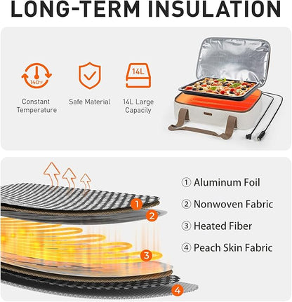 TOURIT Food Warmer Heated Casserole Carrier Electirc 12V 110V Portable Food Warmer Insulated Casserole Carrier for Fits 9" x 13" Baking Dish - Image 3