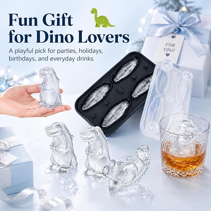 Dinosaur Ice Cube Tray Mold - 3D Dino Shape Ice Cube Trays, Cute Monster Ice Cube Molds for Whiskey Bourbon, 4-Hole Large Fun Shapes Ice Cube Trays with Lid, Funny Dinosaur Gifts for Lovers Women Men