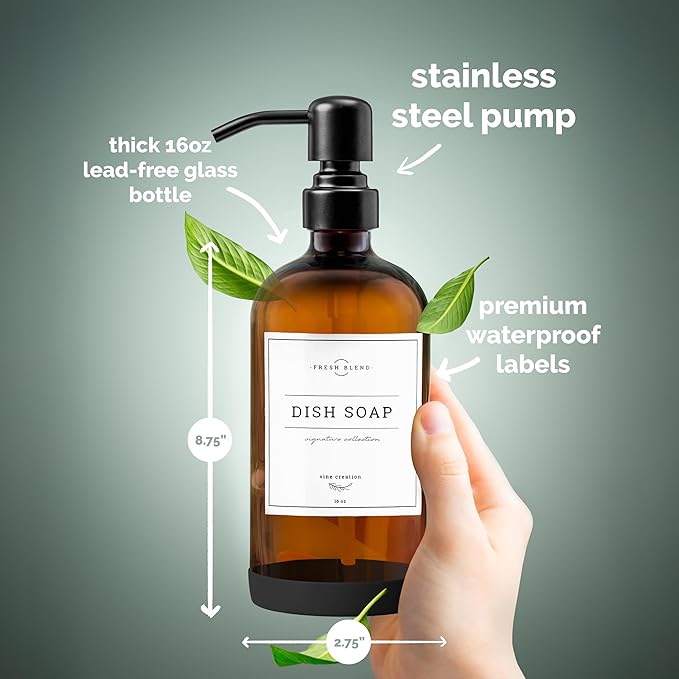 Vine Creations Amber Glass Soap Dispenser, 2 Pack Kitchen Soap Dispenser Set with Stainless Steel Pump, 16 oz Dish Soap and Hand Soap Dispensers for Bathroom with Waterproof Labels - Image 6