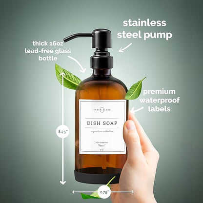 Vine Creations Amber Glass Soap Dispenser, 2 Pack Kitchen Soap Dispenser Set with Stainless Steel Pump, 16 oz Dish Soap and Hand Soap Dispensers for Bathroom with Waterproof Labels - Image 6