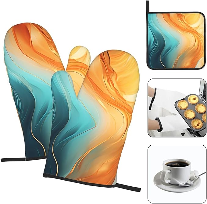 Orange Teal Marble Oven Mitts and Pot Holders Sets of 3 Kitchen Hot Pads Modern Oven Gloves Heat Resistant Washable for Cooking Grilling Baking Holiday Kitchen Decor - Image 3