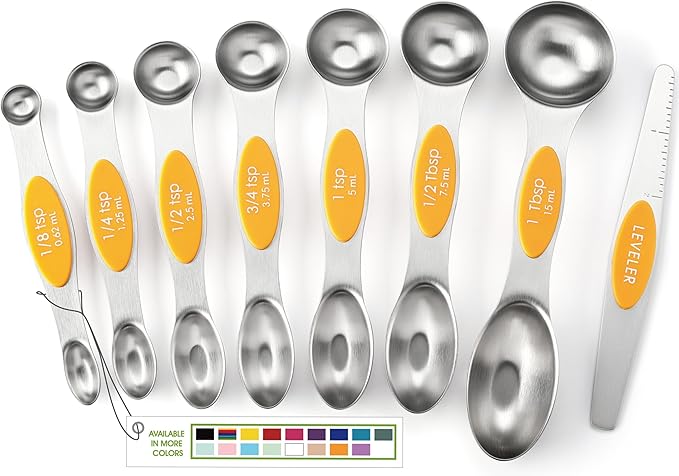 Spring Chef Stainless Steel Magnetic Measuring Spoons Set of 8 with Leveler, Dual Sided Metal Teaspoon & Tablespoon Measuring Spoons, Kitchen Gadgets for Baking & Cooking, Fits in Spice Jars - Mango by SpringChef