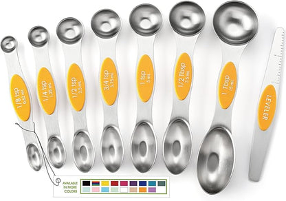 Spring Chef Stainless Steel Magnetic Measuring Spoons Set of 8 with Leveler, Dual Sided Metal Teaspoon & Tablespoon Measuring Spoons, Kitchen Gadgets for Baking & Cooking, Fits in Spice Jars - Mango by SpringChef