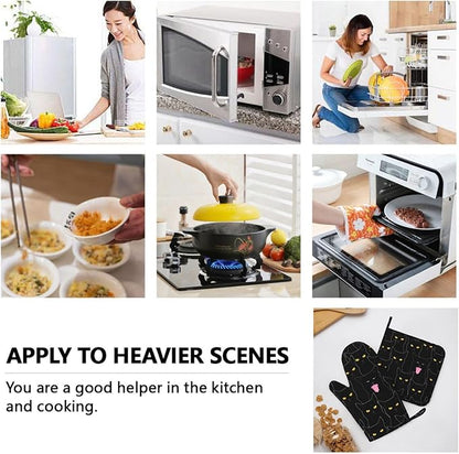 Fun Black Cat Oven Mitts and Pot Holders Set of 4 Silicone Heat Resistant Oven Mitten Potholders Non Slip Gloves Kitchen Decor for BBQ Cooking Grilling Baking