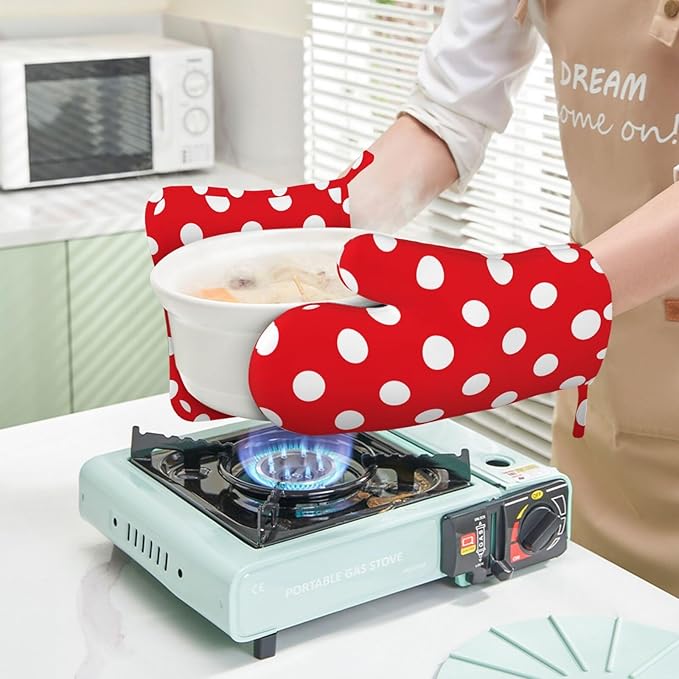 Red and White Polka Dot Oven Mitts and Pot Holders Sets of 4, Heat Resistant Silicone Oven Mittens and Potholders Gloves Hot Pads for Kitchen Cooking Baking Grilling BBQ Chef - Image 5