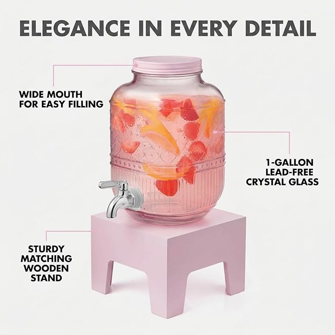 Beverage Dispenser 1 Gallon, Glass Drink Dispenser with Wooden Base Stand, Wide Mouth Jar for Lemonade, Iced Tea, Infused Water, Vintage Kitchen Decor - Pink