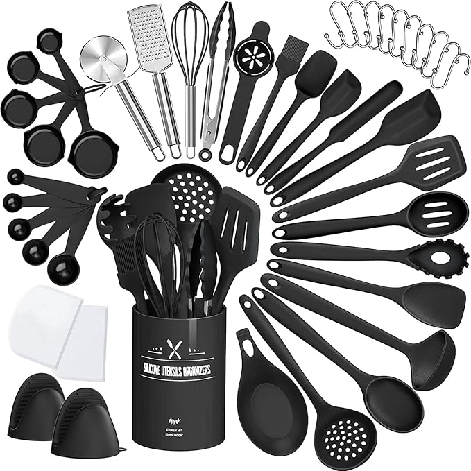 43 Pcs AIKKIL Kitchen Utensils Set, Heat Resistant Silicone Cooking Kitchen Utensils Set with Holder, Spoon, Spatula, Kitchen Gadgets Tools Set For Nonstick Cookware, Dishwasher(BPA Free, Black) by AIKKIL