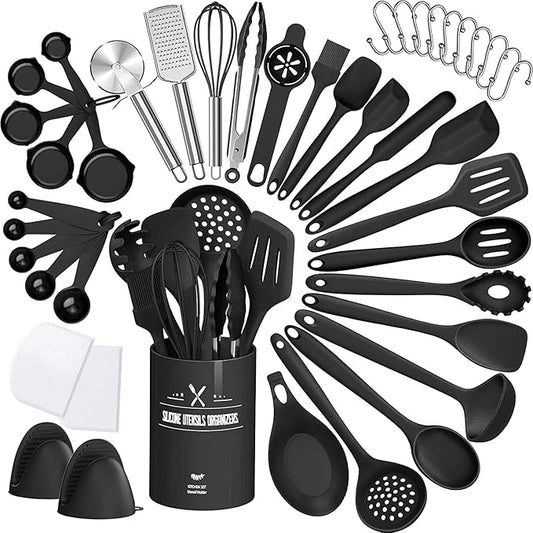 43 Pcs AIKKIL Kitchen Utensils Set, Heat Resistant Silicone Cooking Kitchen Utensils Set with Holder, Spoon, Spatula, Kitchen Gadgets Tools Set For Nonstick Cookware, Dishwasher(BPA Free, Black) by AIKKIL