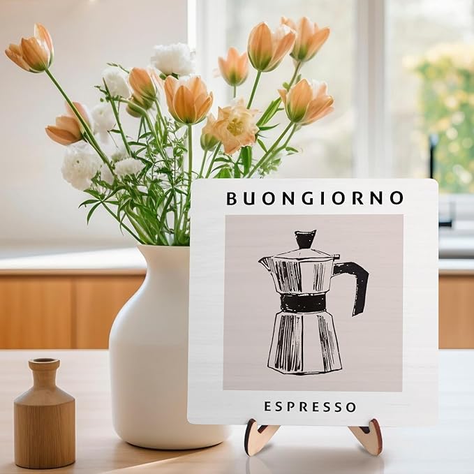 Coffee Bar Decor Sign,Wooden Vintage Plaque with CoffeePot Pattern-Buongiorno Espresso,Funny Farmhouse Decor for Coffee Station, Kitchen Café or Shelf Display(White) - Image 3