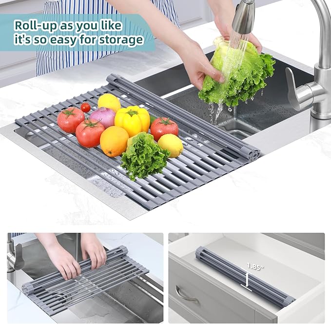 Ohuhu Over Sink Dish Drying Rack, Silicone Wrapped 17.6" W x 15.4" L Large Over The Sink Roll Up Dish Drainer - Foldable Sink Drying Rack Rolling Drain Mats Anti-Slip Multipurpose for Kitchen Counter - Image 7