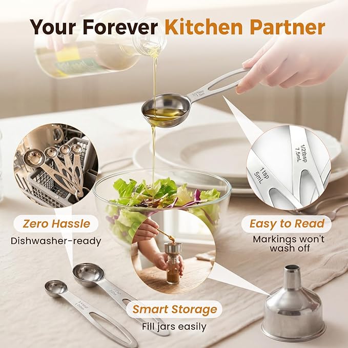 13PCS Stainless Steel Measuring Cups and Spoons Set with Funnel, Stackable Metal Measuring Cup and Spoon Set for Baking Cooking, Dishwasher Safe Kitchen Tools with for Dry & Liquid Ingredients - Image 4