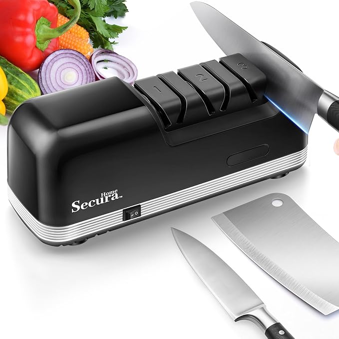 Secura 3-Stage Electric Knife Sharpener with Diamond Abrasives and Precision Angle Guides, Professional Sharpening Tool for Kitchen Straight Edge and Ceramic Knife, Black by Secura