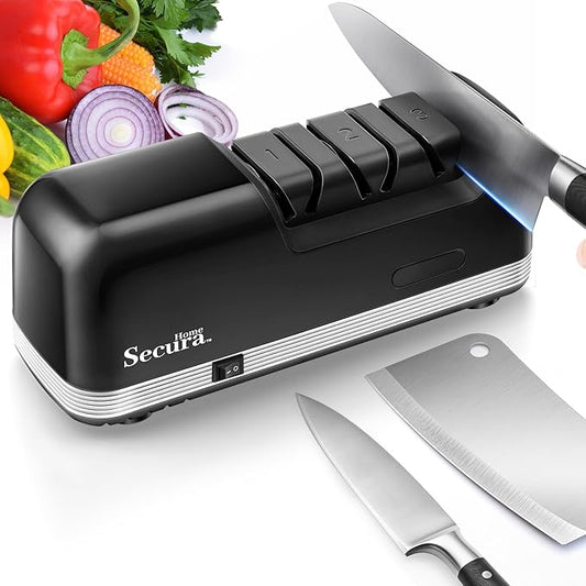 Secura 3-Stage Electric Knife Sharpener with Diamond Abrasives and Precision Angle Guides, Professional Sharpening Tool for Kitchen Straight Edge and Ceramic Knife, Black by Secura