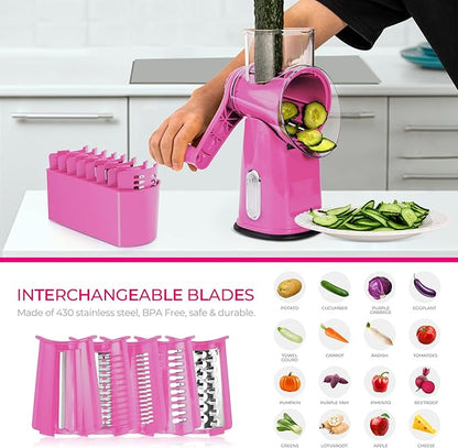 SUSTEAS Rotary Cheese Grater with Handle - Vegetable Shredder with 5 Well-designed Blades & Strong Suction Base,Round Mandoline Slicer & Food Chopper for Kitchen,with Blade Storage Box(Pink) - Image 3