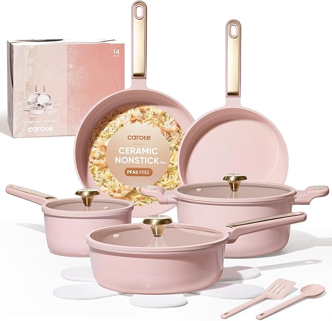 CAROTE Ceramic Cookware Set Nonstick, 14pcs Pots and Pans Set Nonstick, Non-Toxic & PFAS-Free, Dishwasher, RV/Camping Cookware Set, Cooking Pots with Lids, Pink Blush by CAROTE