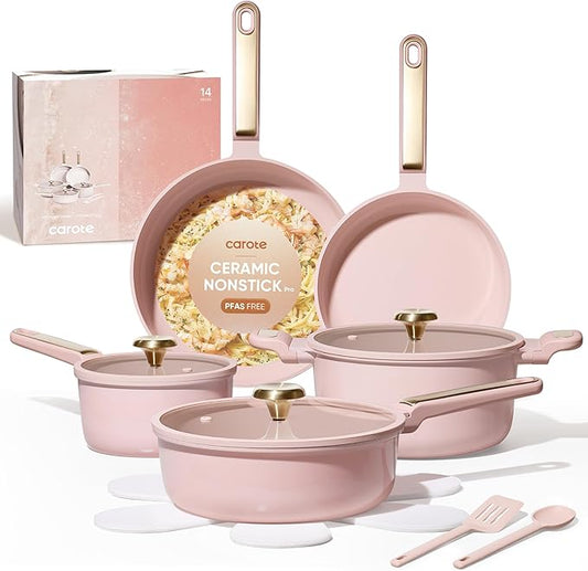 CAROTE Ceramic Cookware Set Nonstick, 14pcs Pots and Pans Set Nonstick, Non-Toxic & PFAS-Free, Dishwasher, RV/Camping Cookware Set, Cooking Pots with Lids, Pink Blush by CAROTE