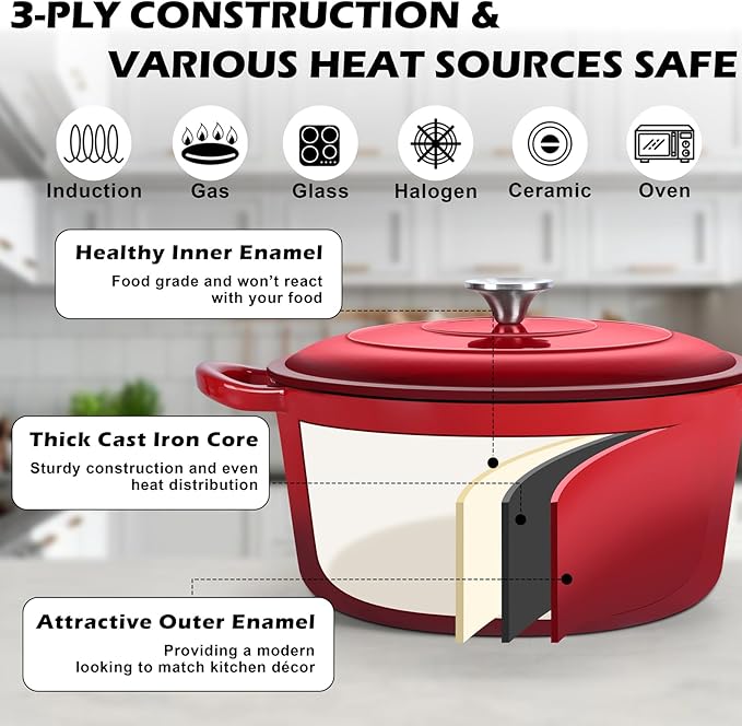 TeamFar Enameled Cast Iron Dutch Oven, 7qt Dutch Oven Pot Nonstick Cookware with Lid & Dual Handles for Bread Baking, Cooking, Oven Safe up to 500℉ & Various Stovetops, Healthy & Heavy Duty - Red - Image 4