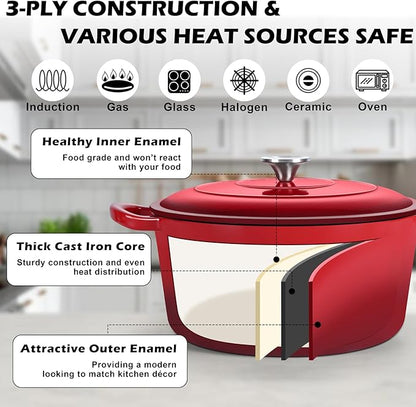TeamFar Enameled Cast Iron Dutch Oven, 7qt Dutch Oven Pot Nonstick Cookware with Lid & Dual Handles for Bread Baking, Cooking, Oven Safe up to 500℉ & Various Stovetops, Healthy & Heavy Duty - Red - Image 4