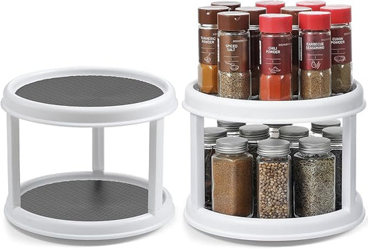 2 Pack, 2 Tier 10" Turntable Lazy Susan Spice Organizer - Rotating Seasoning Rack Spinner for Pantry Cabinet Kitchen Countertop, Table Top Organizing - Multiuse Two Tier Rotating Organization Rack by MakeLifeBetterEasier