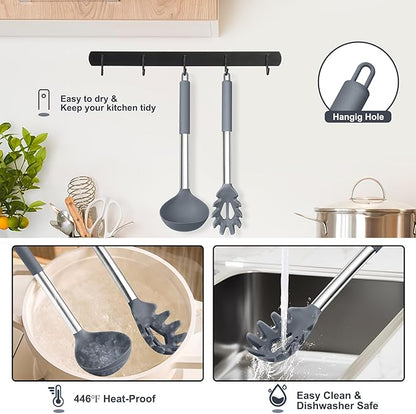 TeamFar Silicone Kitchen Utensils, 2 Pcs Large Nonstick Soup Ladle and Pasta Fork for Cooking Mixing Serving Soup, Sauce, Spaghetti, Eggs, Non-Toxic & Heat-Proof, Dishwasher Safe, Light Grey - Image 6