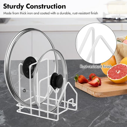 Poeland Kitchen Pot Lid Organizer, Pan Rack with 4 Compartments, Pantry Organizer Rack for Dinnerware, Bakeware, Cookware, Cutting Boards, Pan Lids (Small Size, White) - Image 6