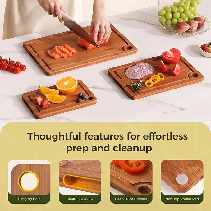 Bamboo Cutting Board for Kitchen – 3-Piece Wooden Boards with Juice Grooves, Side Handles, Non-Slip Mats – Perfect for Meat, Veggies, Fruit – Ideal Kitchen Gift - Image 5